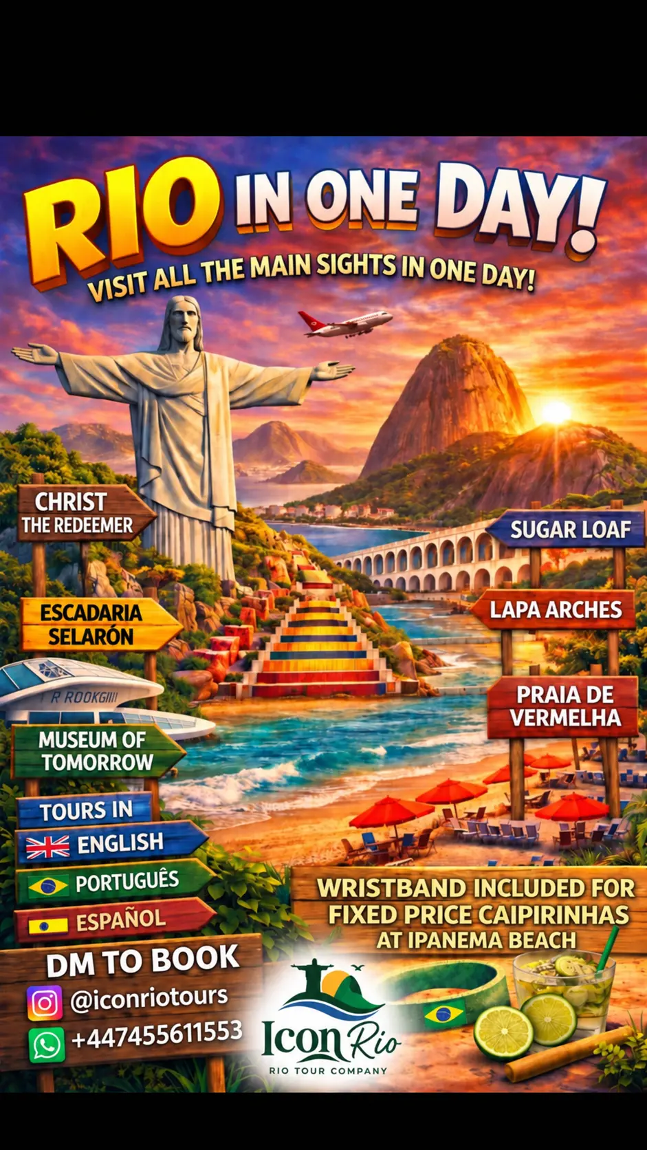 Icon Rio day-tour poster showing the six sights, included Ipanema wristband and contact number +44 7455 611553