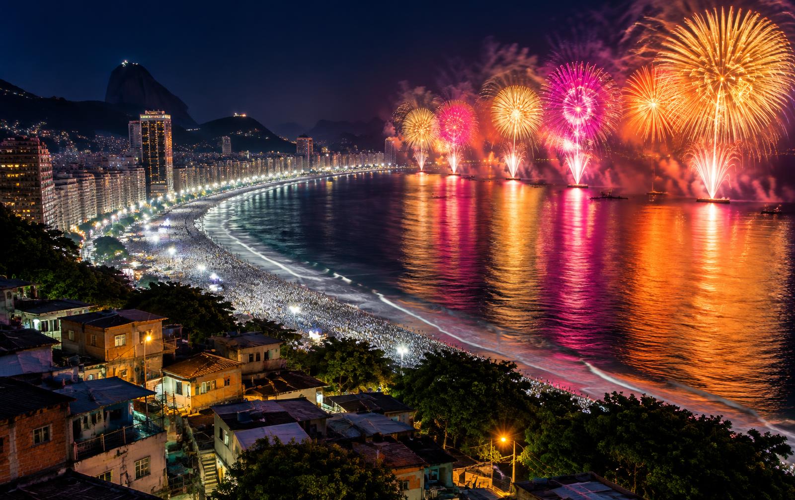 New Year's Eve fireworks bursting over Copacabana, seen from a hillside above the favela